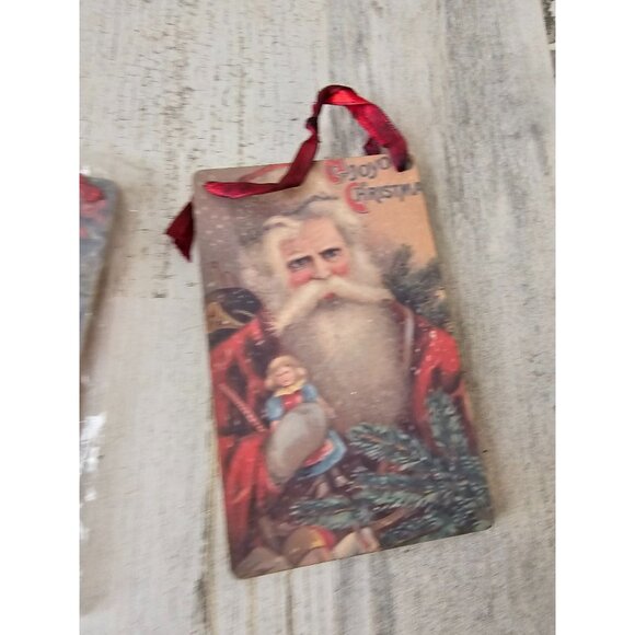 Vintage Santa cardboard hanging ornament wooden toys glitter unique vintage styl - Picture 2 of 5